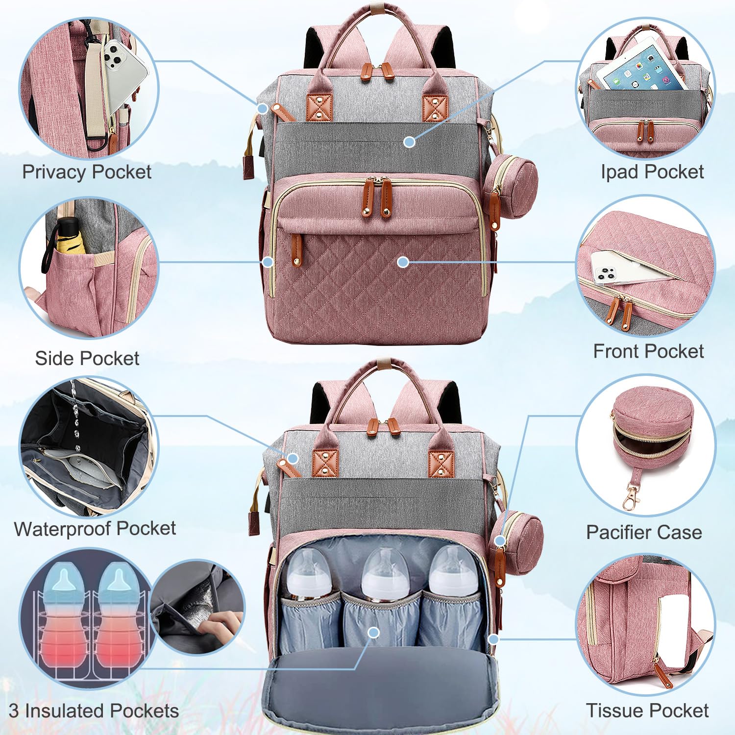 SHITIESHOU diaper bag backpack stroller-straps support hands-free strolling