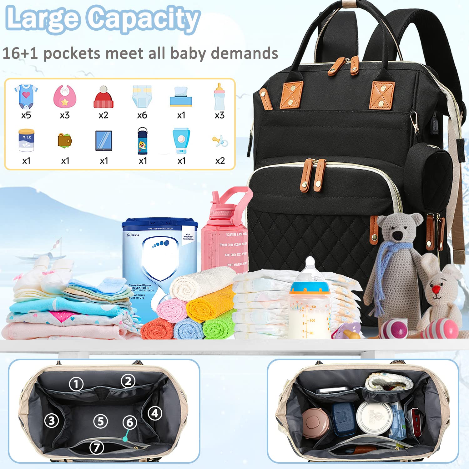 SHITIESHOU diaper bag side-pocket in black keeps essentials within easy reach.