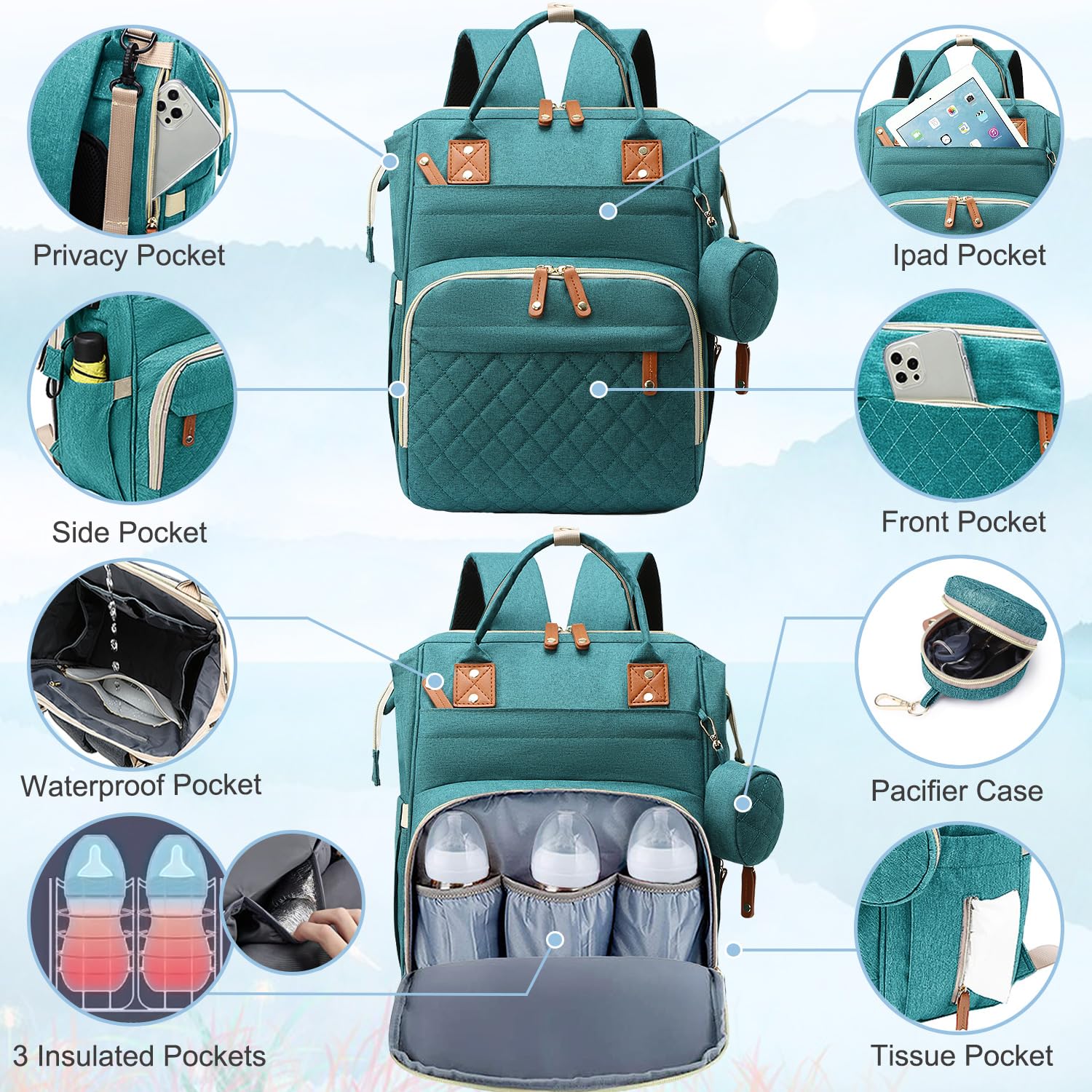 SHITIESHOU diaper bag stroller straps enable hands-free strolling.