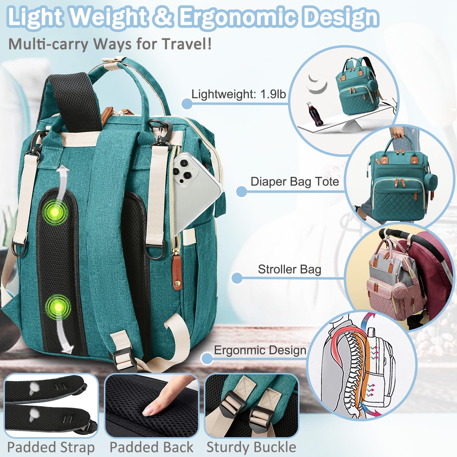SHITIESHOU diaper bag tissue pocket helps maintain cleanliness.