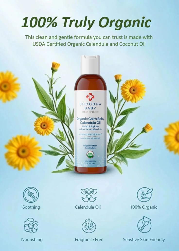 Shoosha Calendula Oil calming cradle cap application soothes scalp.