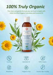 Shoosha Calendula Oil calming cradle cap application soothes scalp.
