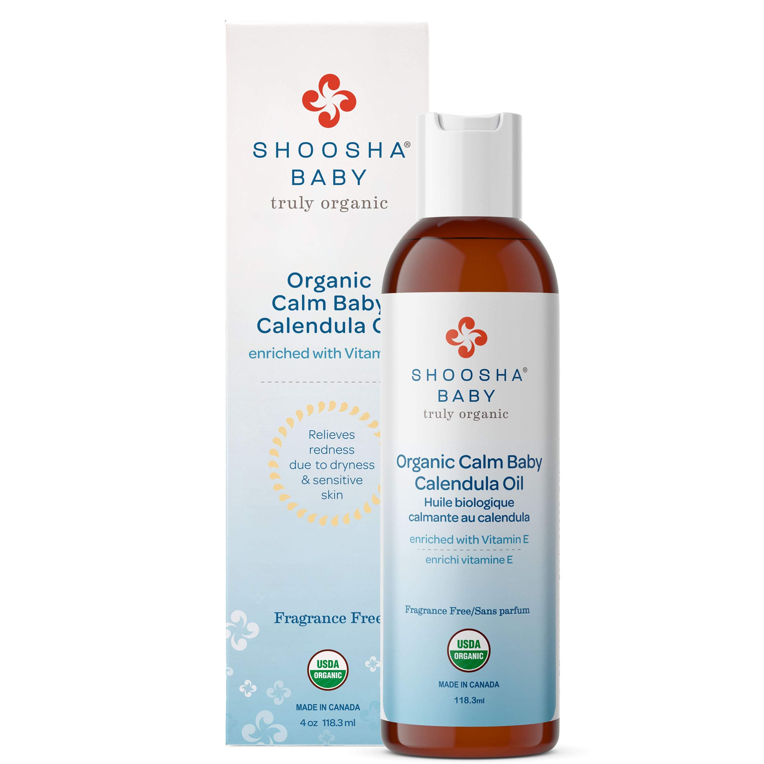 Shoosha Calendula Oil fragrance-free baby application for gentle, sensitive-skin moisture.