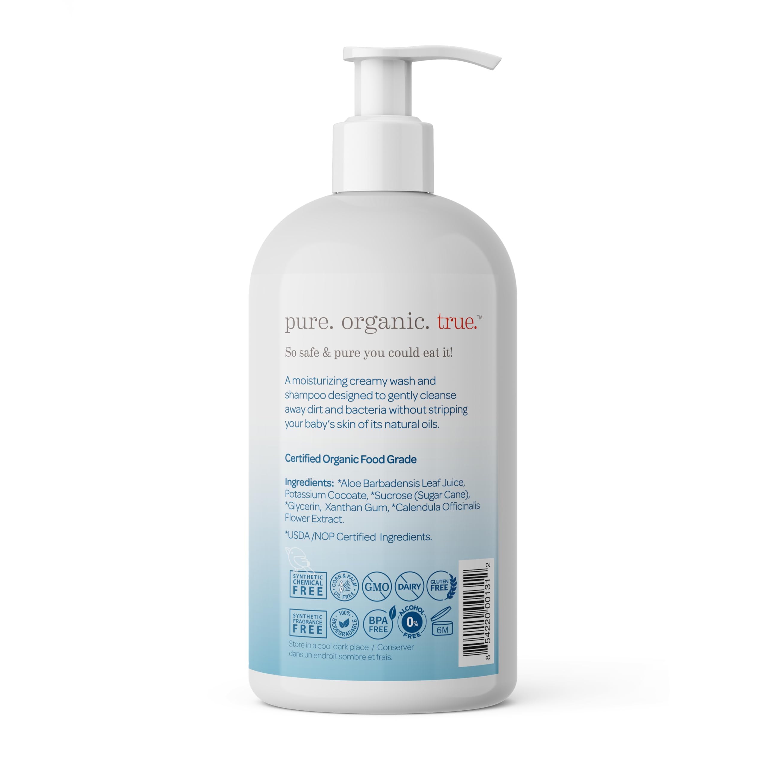 Shoosha ingredients panel emphasizes aloe calendula and coconut oil for gentle hydration