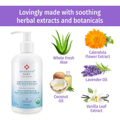 Shoosha Organic ingredients close-up highlighting aloe coconut oil calendula lavender for nurturing skin