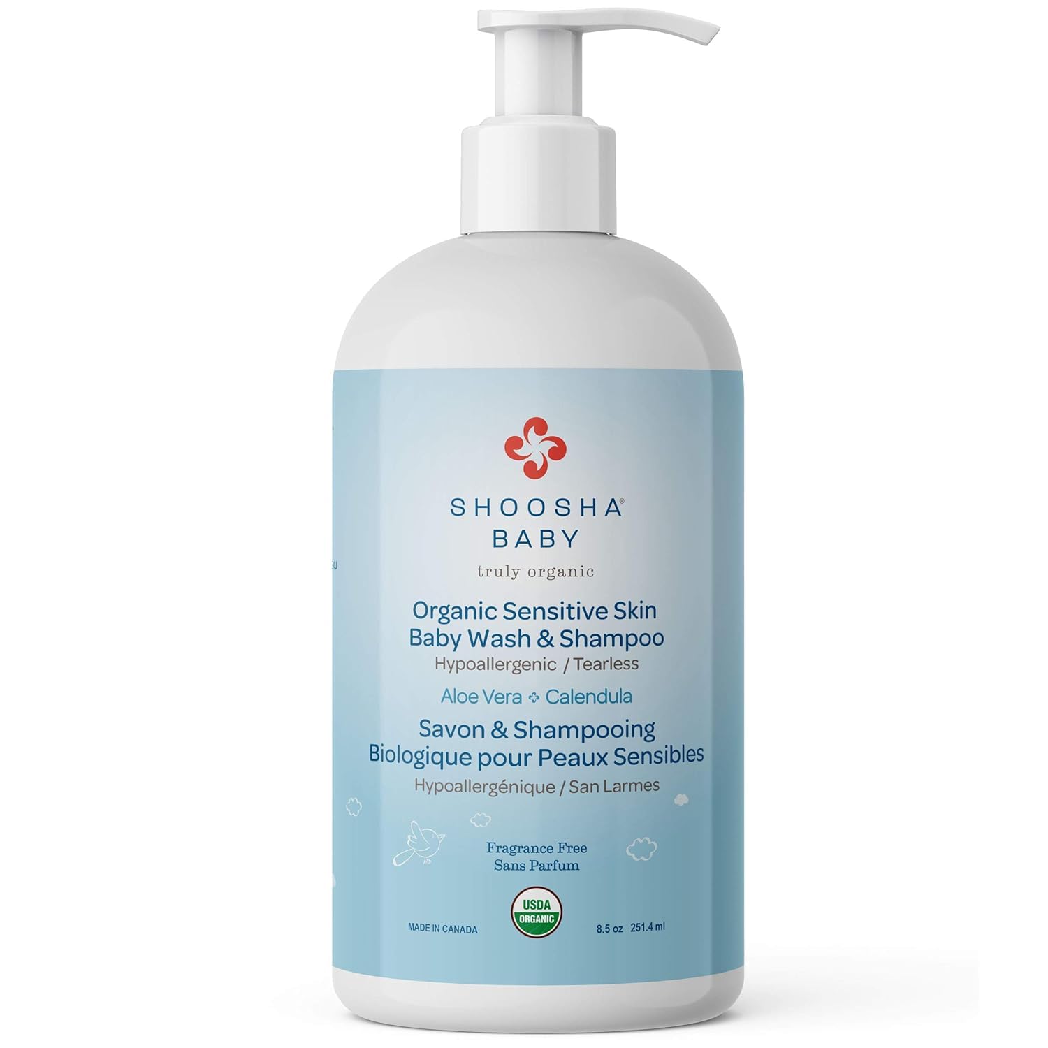 Shoosha Organic Sensitive Skin Baby Body Wash bottle pump for ultra-gentle daily cleansing
