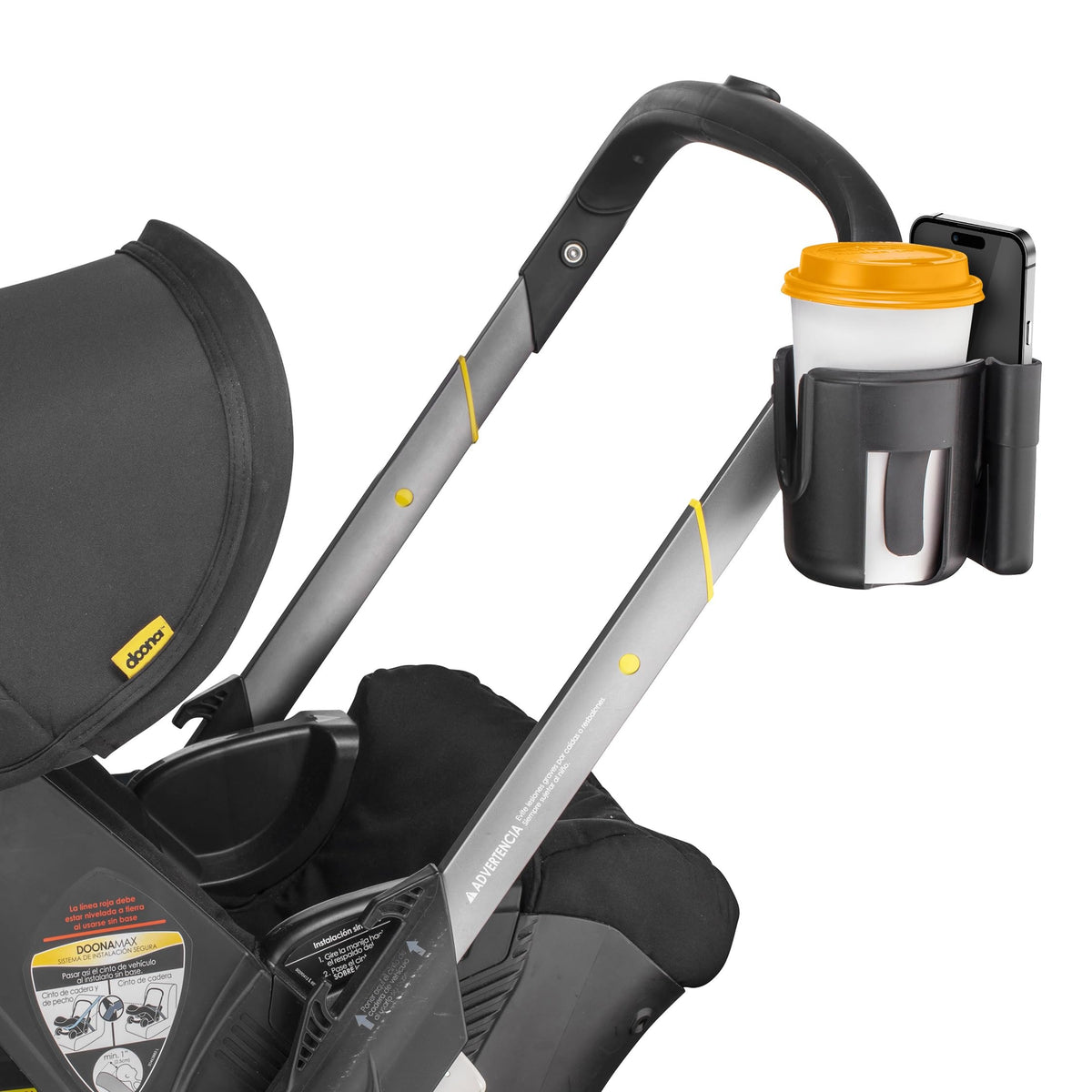 Shopperals cup and phone holder on a Doona stroller keeps drinks and phone within reach.