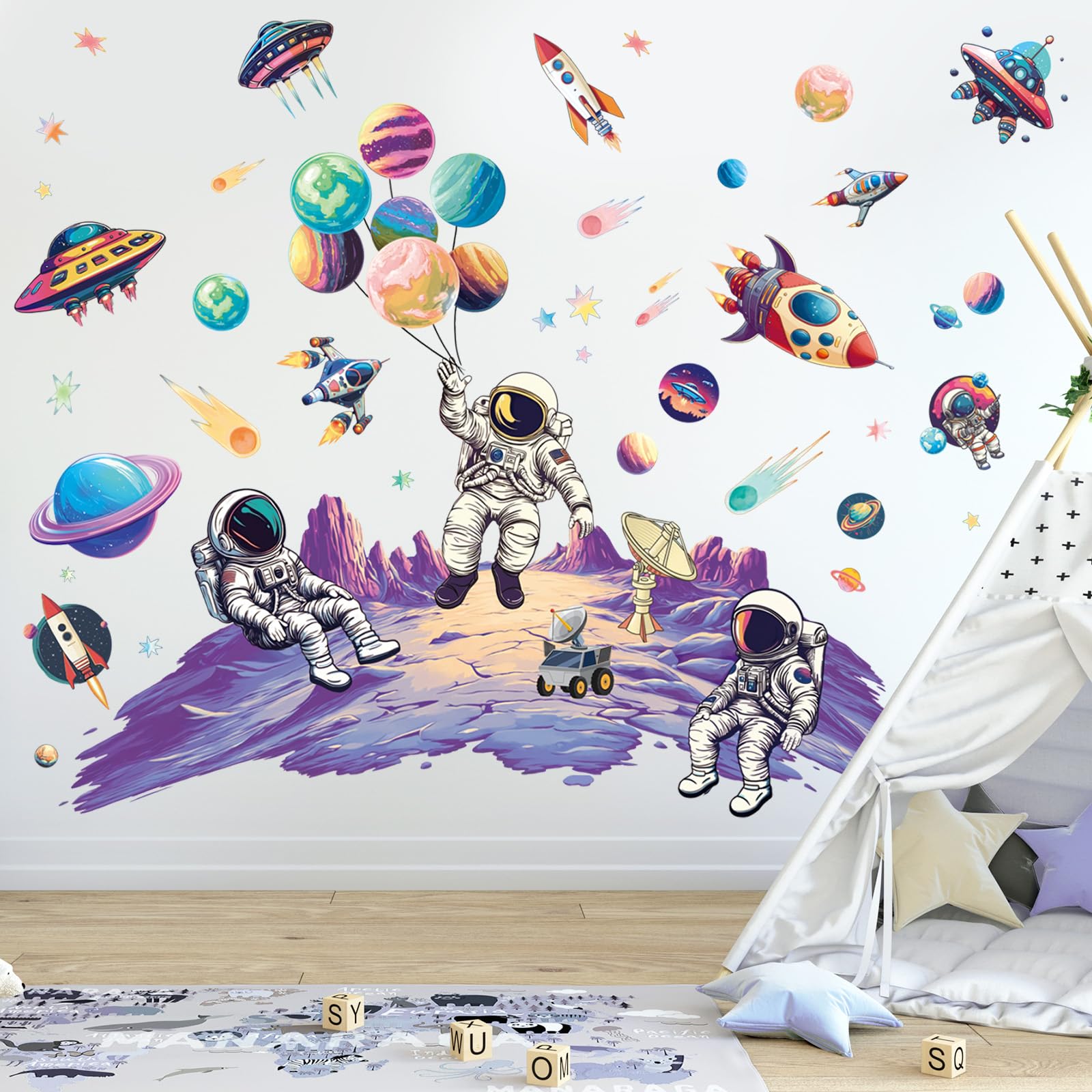 SHUCHING planet wall decal highlights planets for educational bedroom decoration.