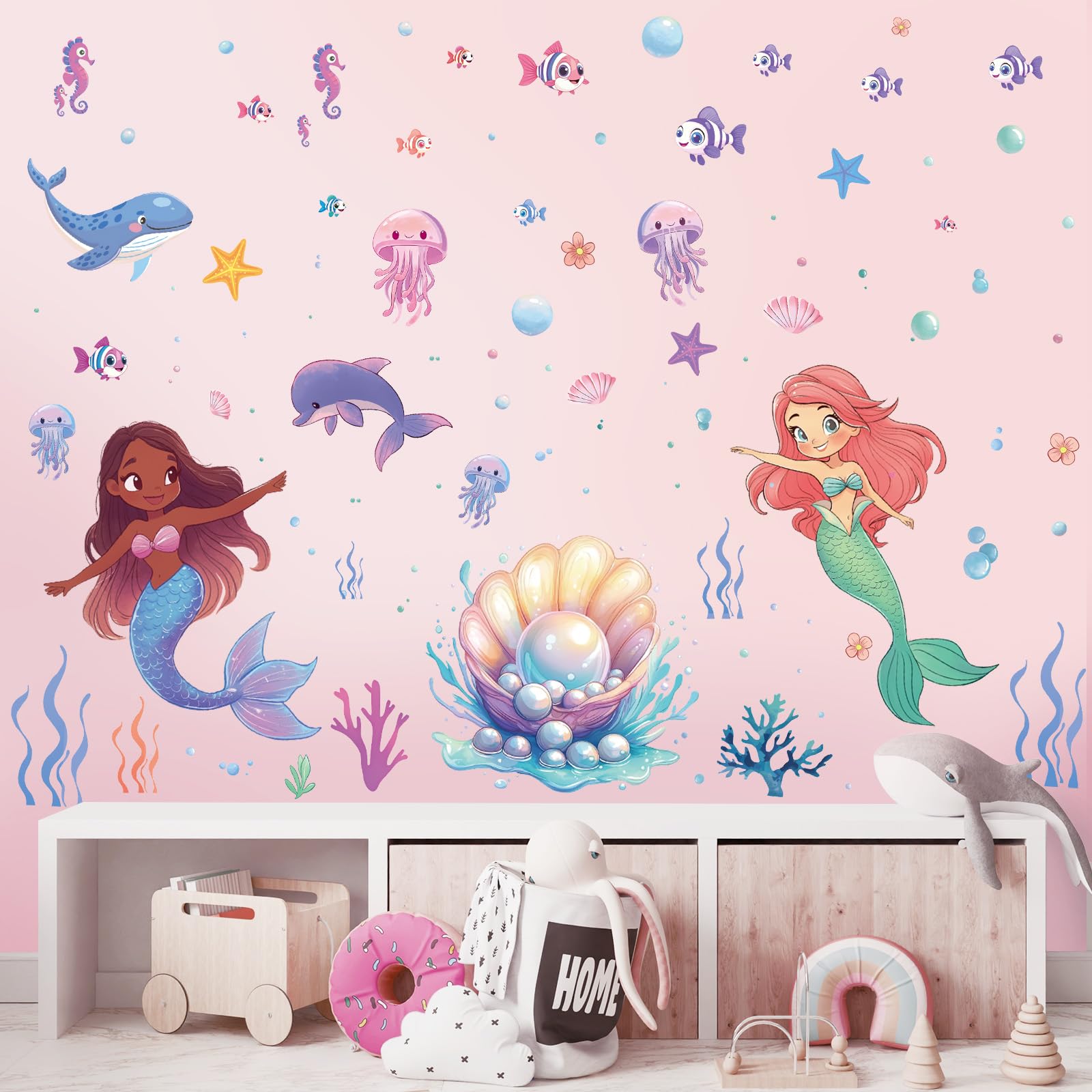 SHUCHING seashell detail accent brightens playroom walls with an ocean theme.