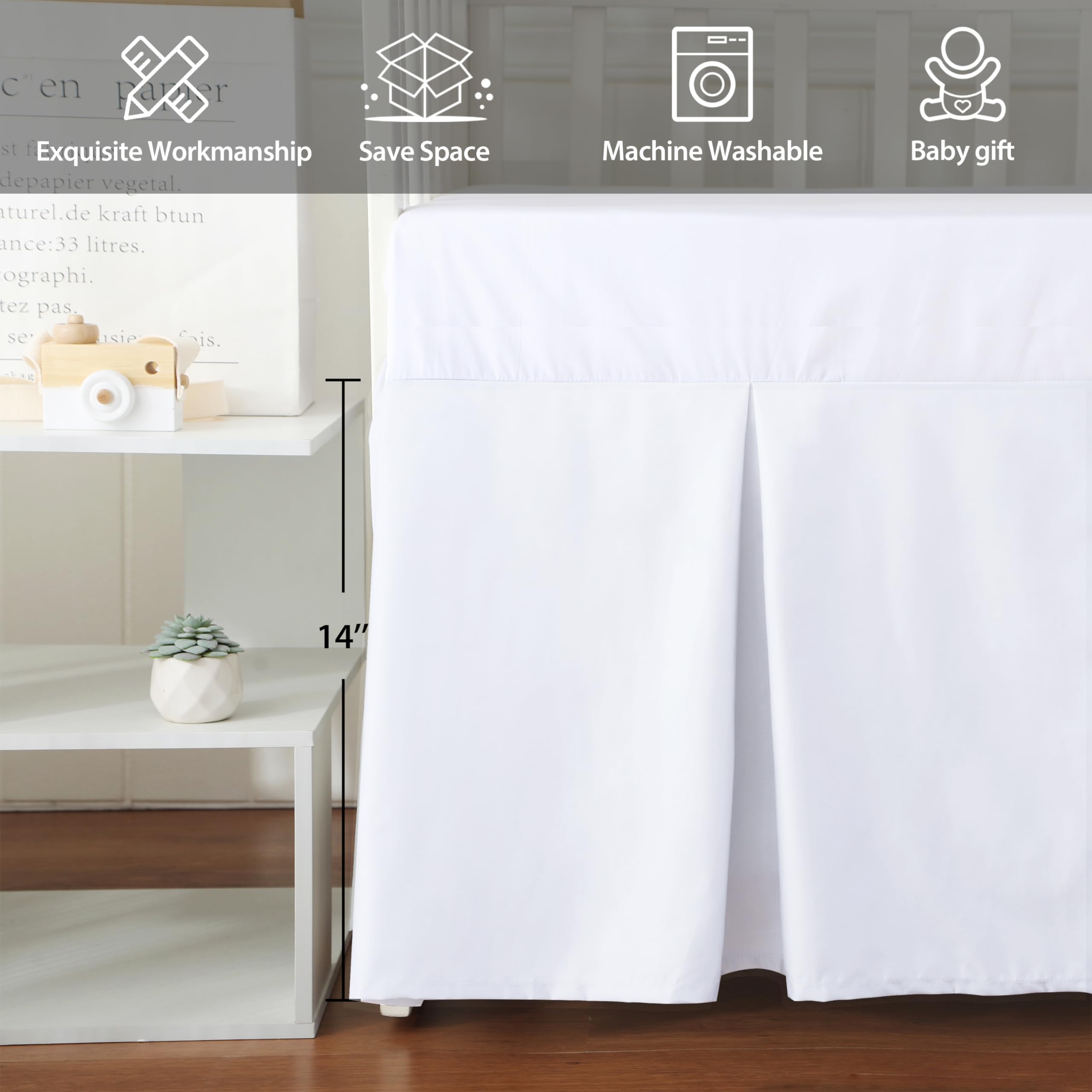 Shunjie.Home crib skirt with 14-inch drop fully wraps standard cribs.