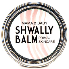 Shwally Primal Baby Balm jar close-up highlighting unscented formula for sensitive skin