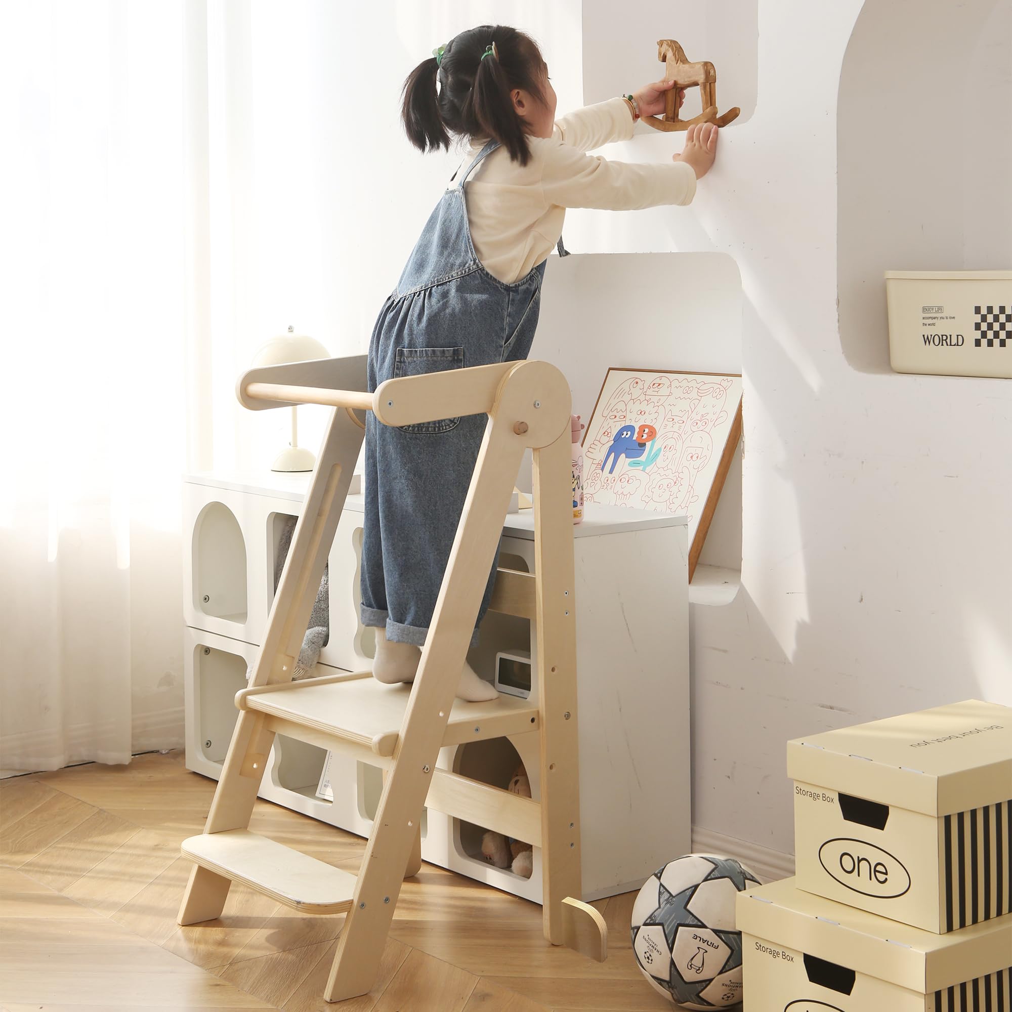 SHWWQUE foldable toddler tower demonstrates effortless setup and versatile use.