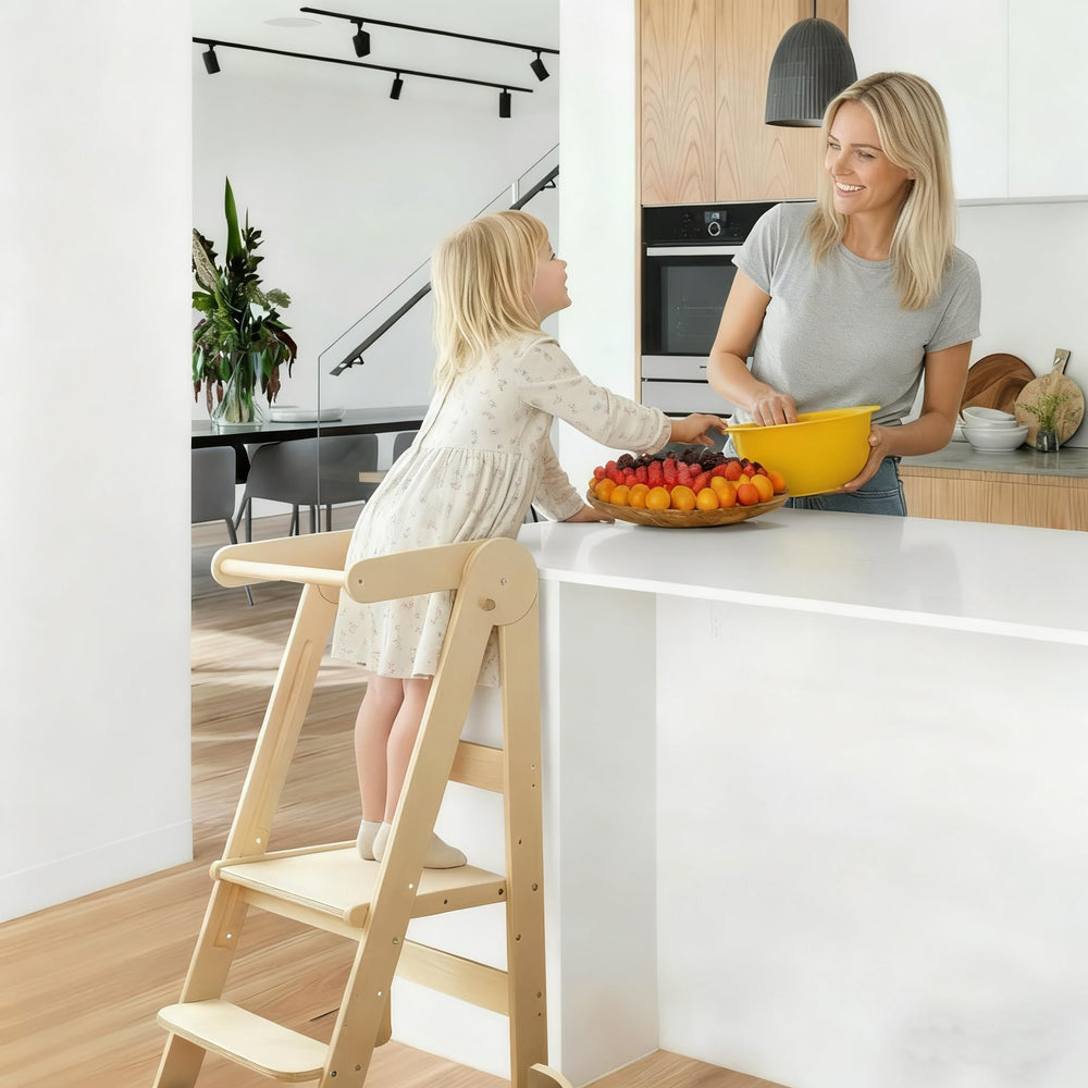 SHWWQUE kitchen-use toddler tower enables easy counter access with supervision.