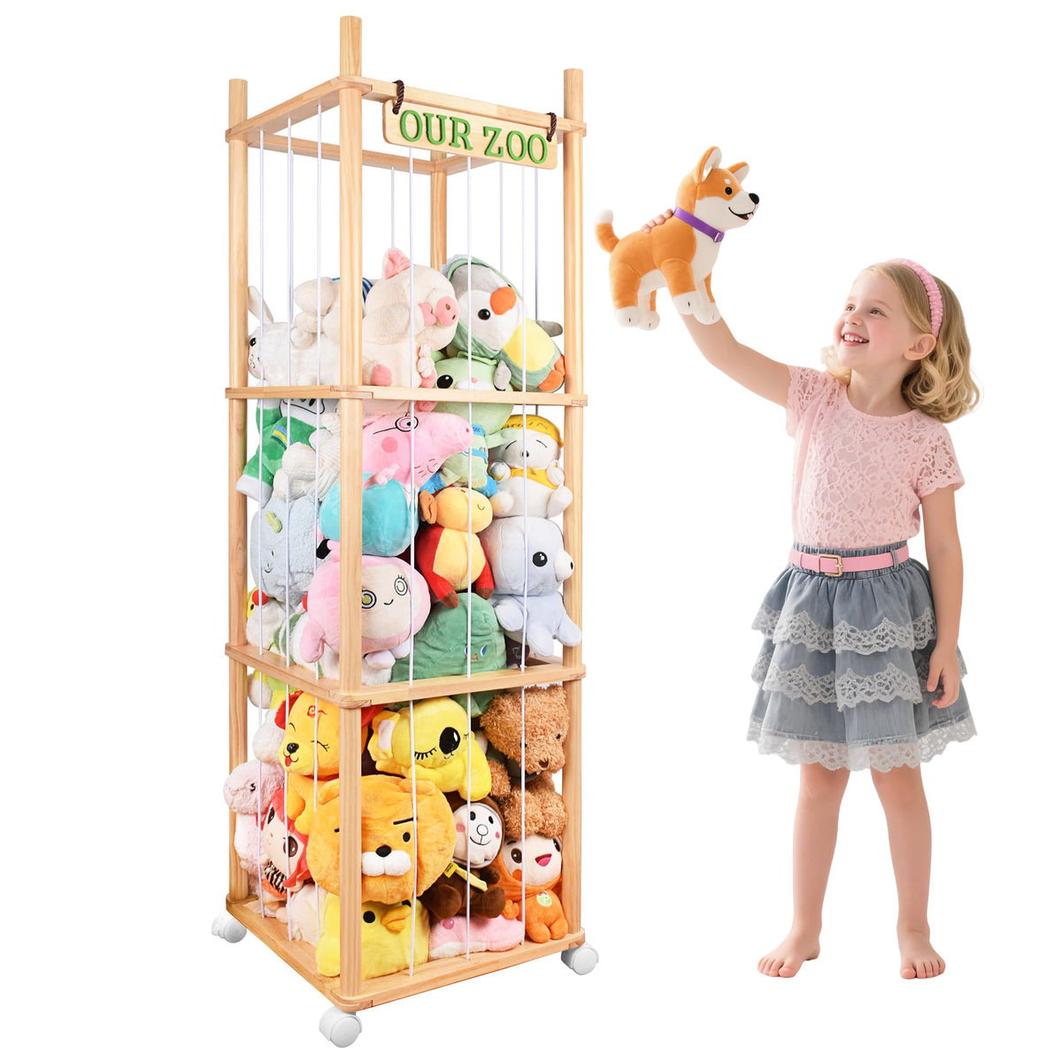SHWWQUE stuffed animal storage with wheels vertical tower keeps plushies organized and accessible