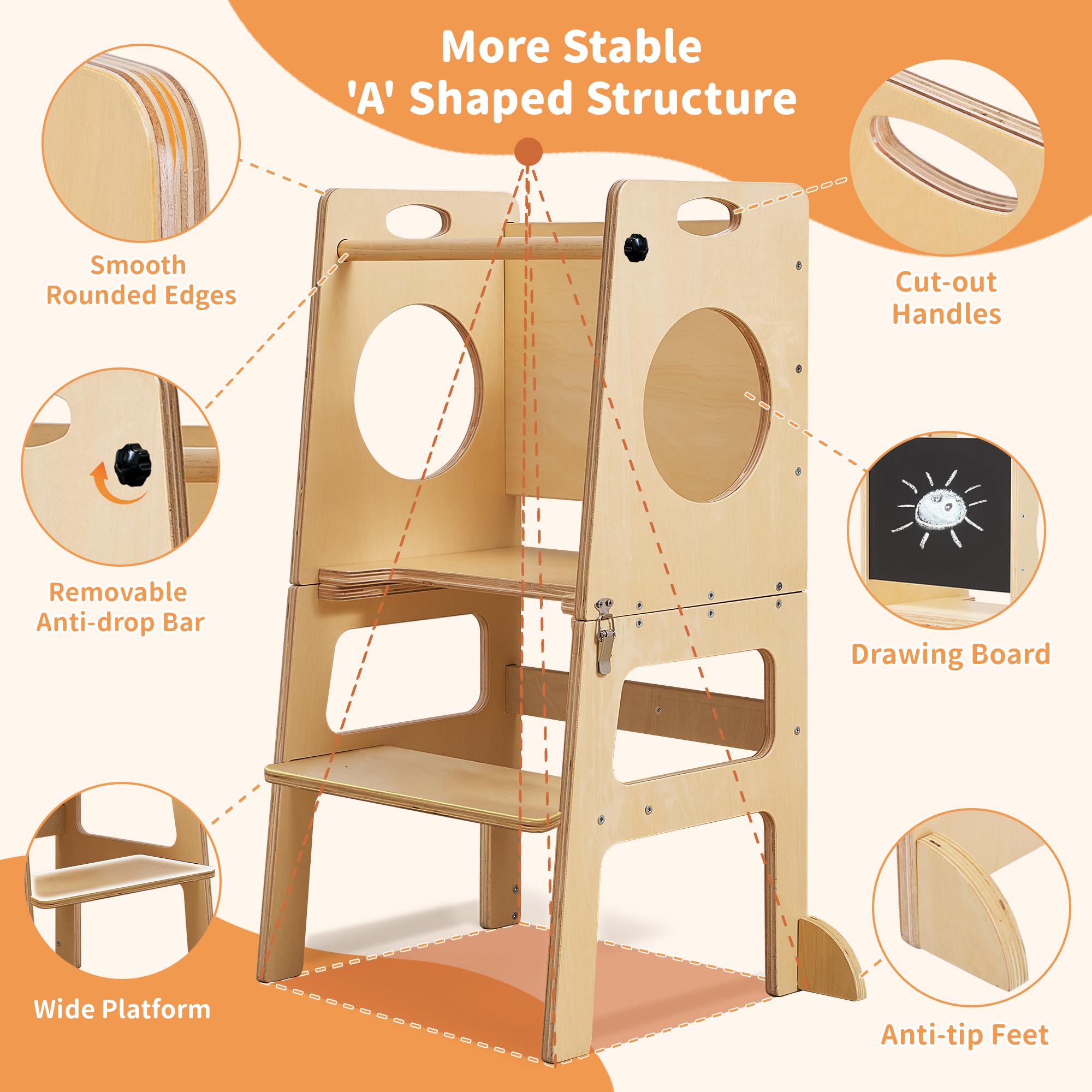 SHWWQUE toddler tower chalkboard surface invites drawing and early literacy play.