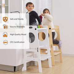 SHWWQUE toddler tower helps kids reach countertops for cooking and learning tasks.