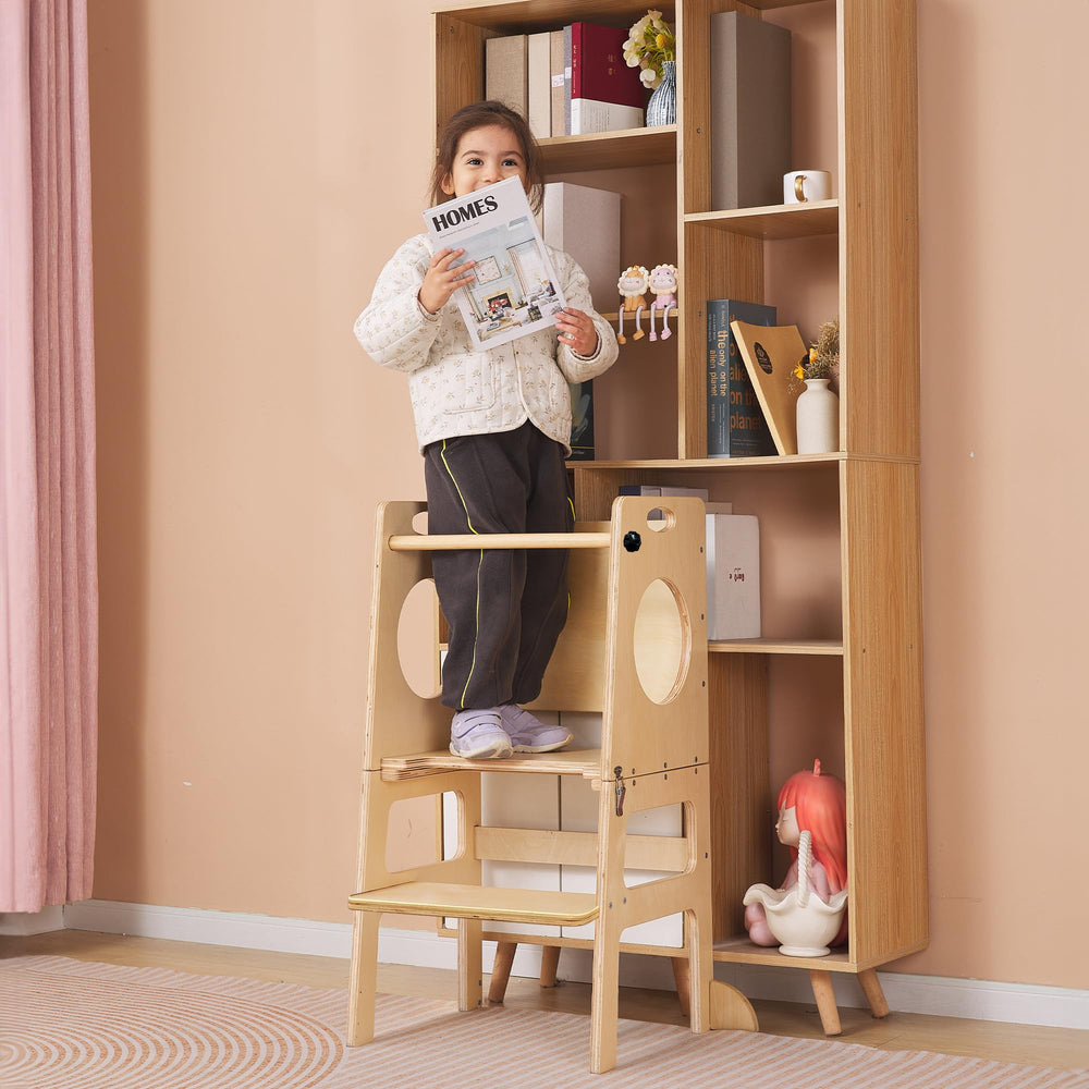 SHWWQUE toddler tower folds flat for compact storage between uses.