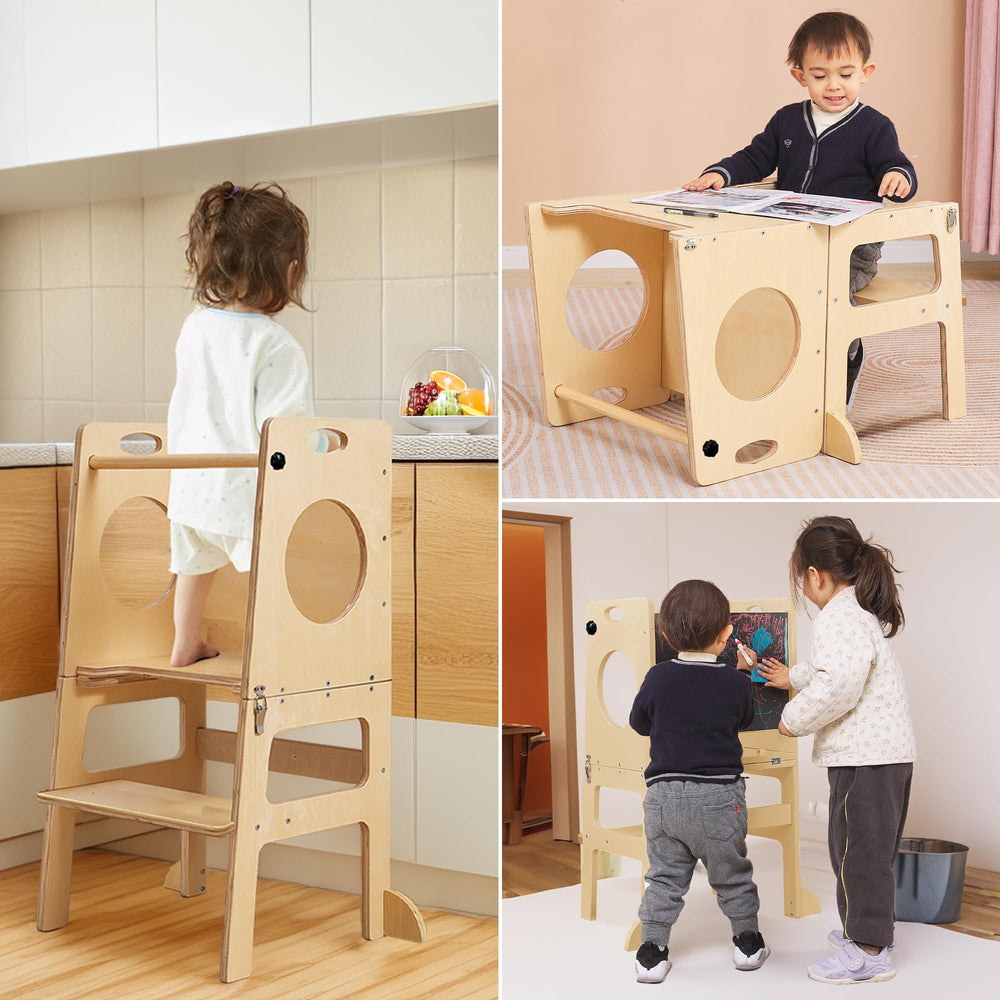 SHWWQUE toddler tower stool assembled shows stable base for safe climbing.