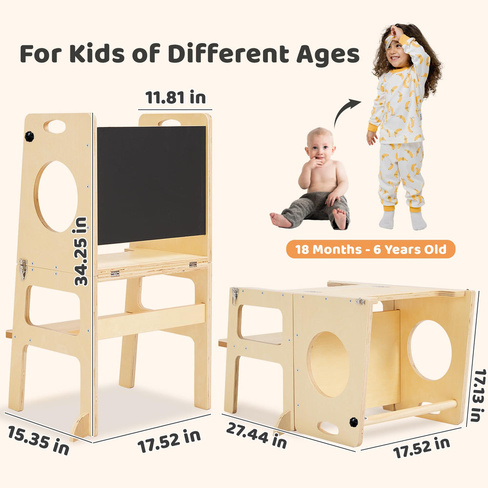 SHWWQUE toddler tower easily converts to a table and chair setup.