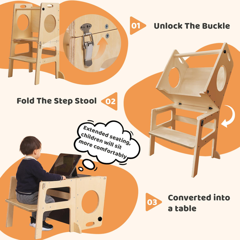 SHWWQUE toddler tower's wide base provides stability during play.