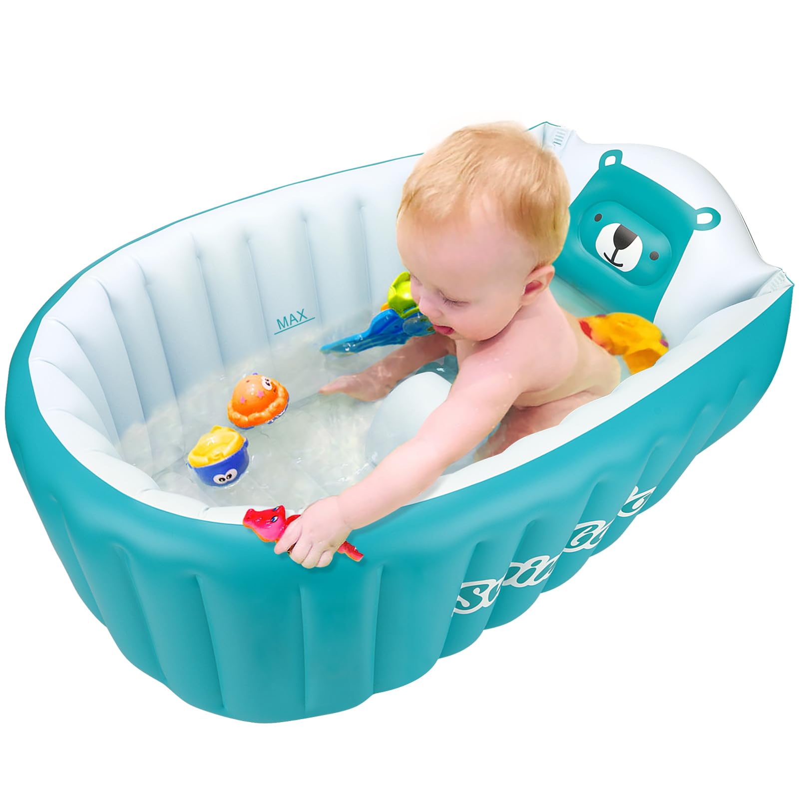 SHXKUAN blue toddler bathtub front view shows ergonomic design for bath comfort.