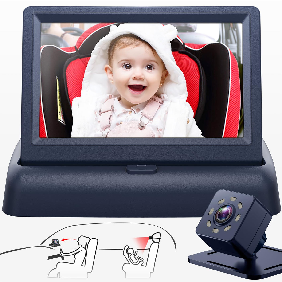 Shynerk Baby car mirror with 4.3-inch display offers a crystal clear rear view.