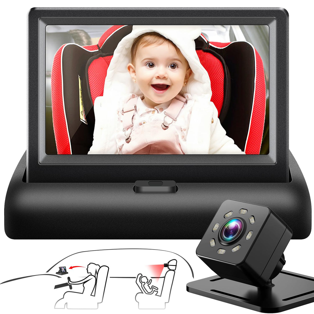 Shynerk Baby car mirror centered on console provides crystal rear view for safer driving.
