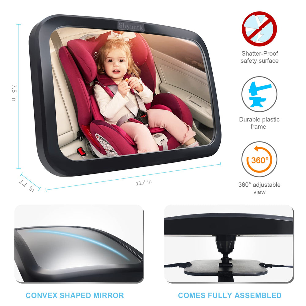 Shynerk mirror attaches to headrest with sturdy straps for secure fit.