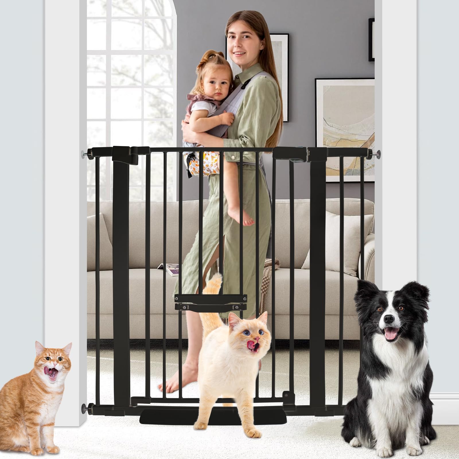 SHYUJAJIE 37-inch gate with cat door enables easy pet passage while keeping kids safe.