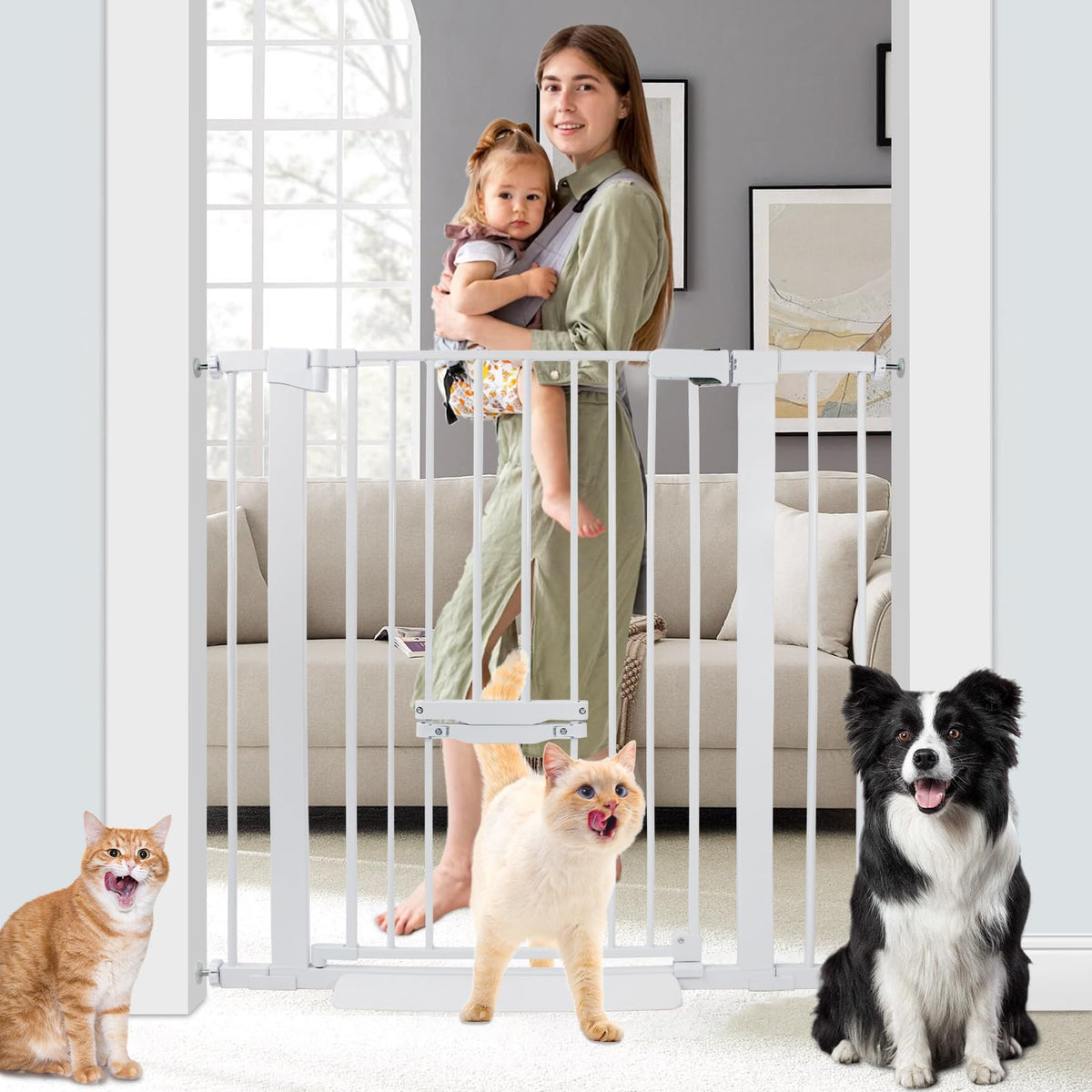 SHYUJAJIE 37-inch tall gate with cat door side view highlights easy pet passage