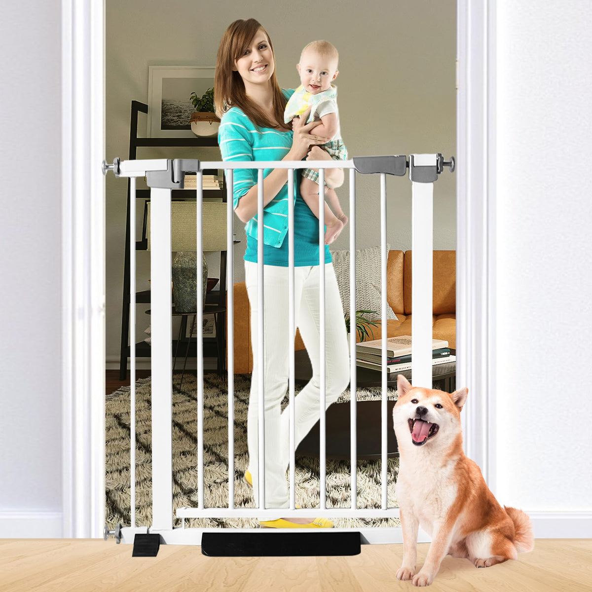 SHYUJAJIE 41-inch tall baby gate offers high containment for pets and children.