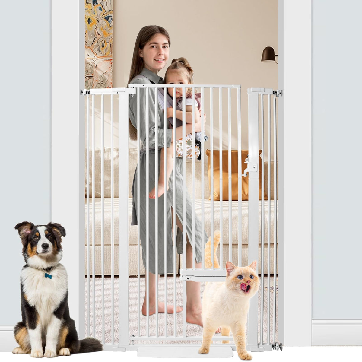 SHYUJAJIE 55-inch cat gate front-view enhances doorway safety for pets.