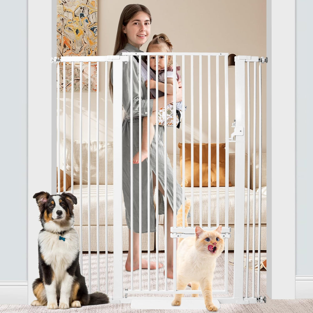 SHYUJAJIE 55-inch tall pet gate full view for stairways and doorways with sturdy steel build.