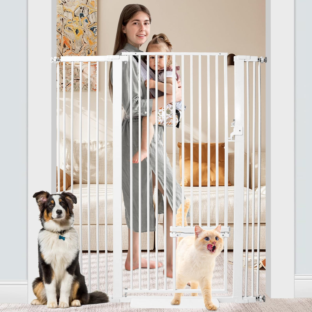 SHYUJAJIE 55-inch tall pet gate full view for stairways and doorways with sturdy steel build.
