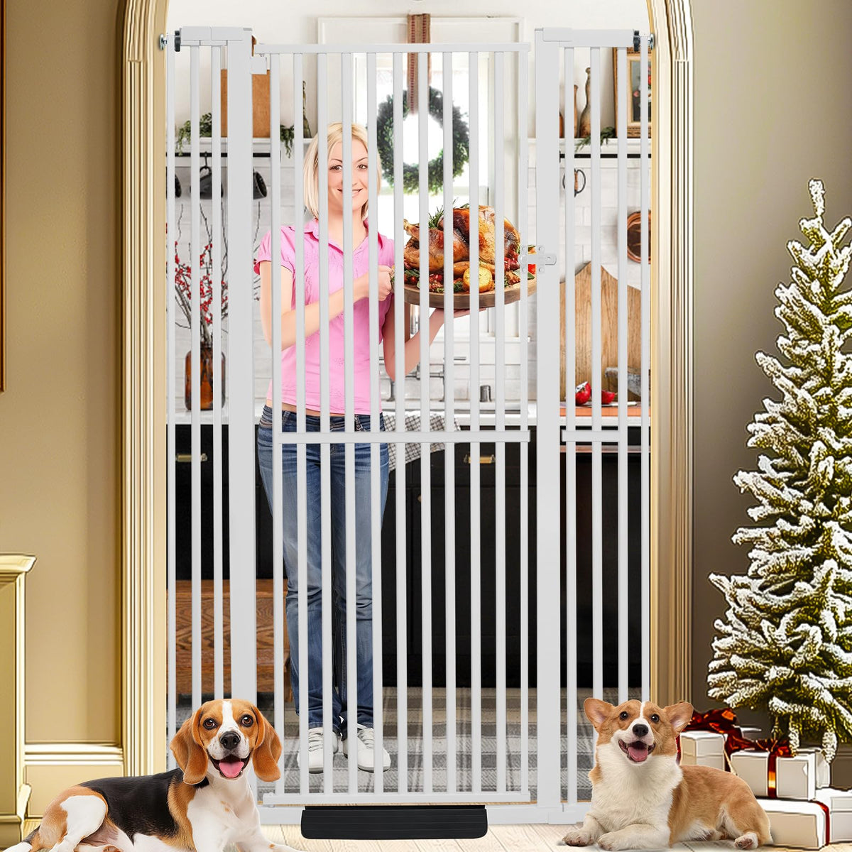 SHYUJAJIE 71-inch extra tall cat gate in white keeps kittens secure.