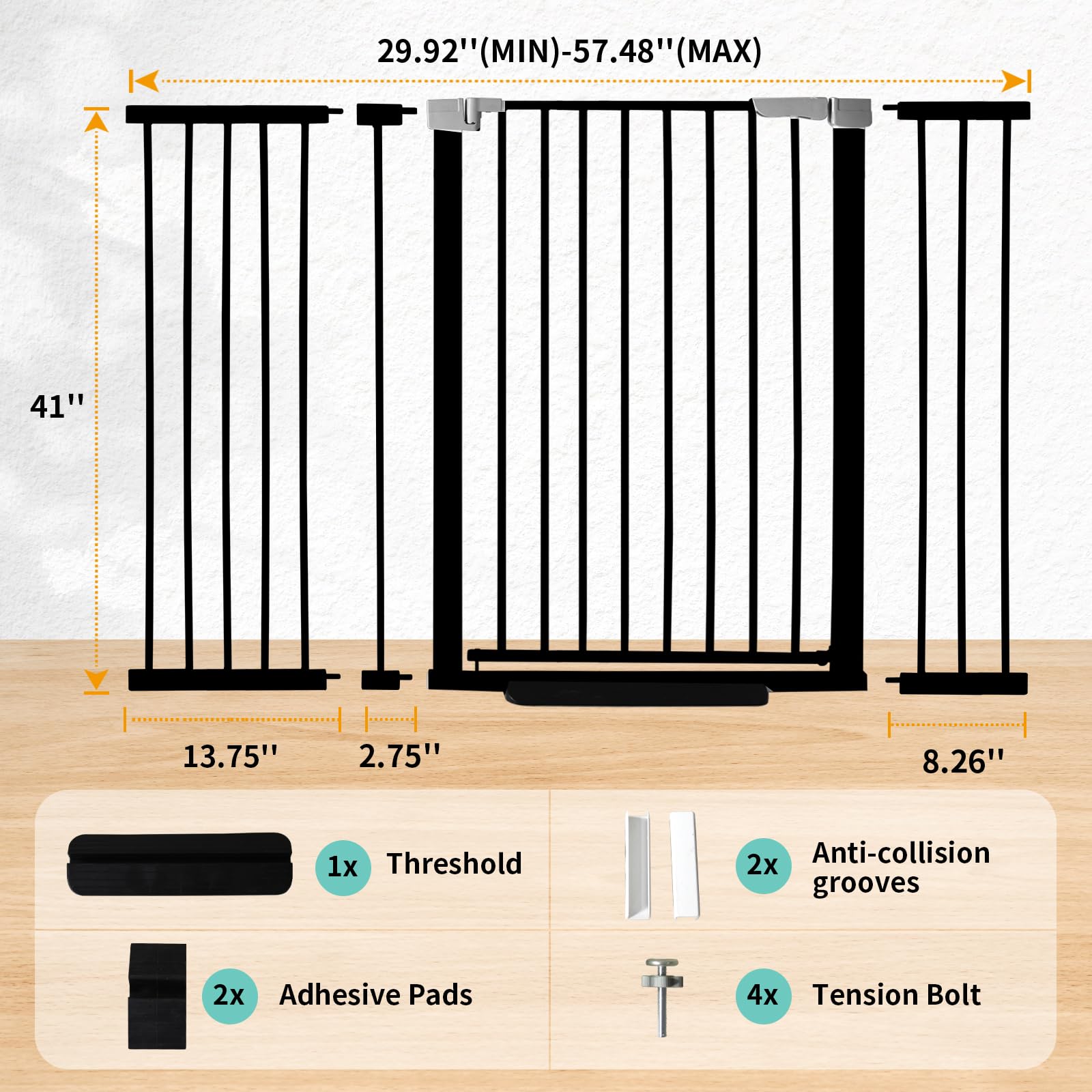 Shyujajie baby gate extensions add width flexibility from 29.92 to 57.48 inches.