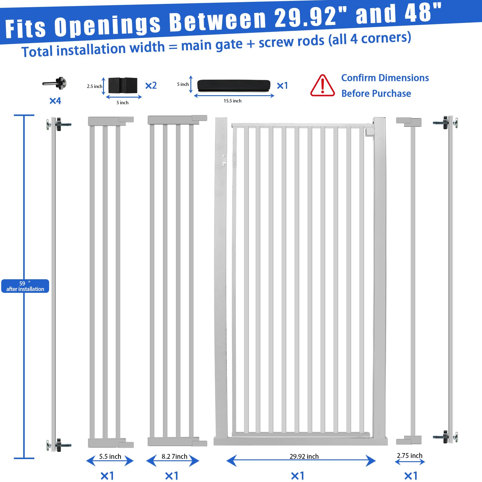 SHYUJAJIE cat gate extensions show adjustable width from 29.92 to 48 inches.