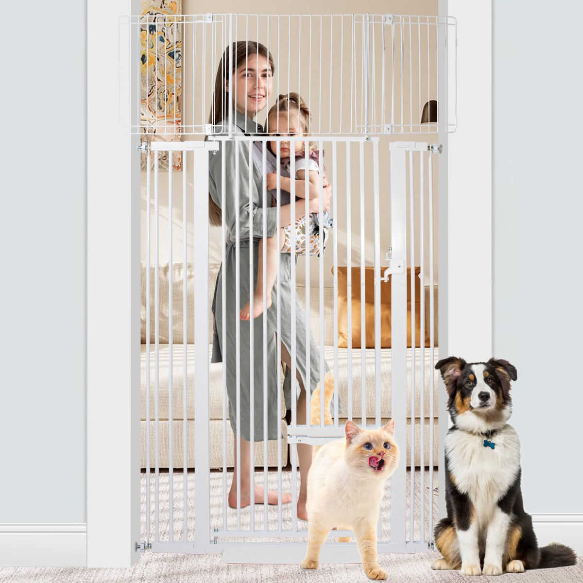 Shyujajie extra tall pet gate with extensions demonstrates adjustable width for large openings and stair use.