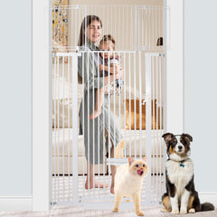 Shyujajie extra tall pet gate with extensions demonstrates adjustable width for large openings and stair use.