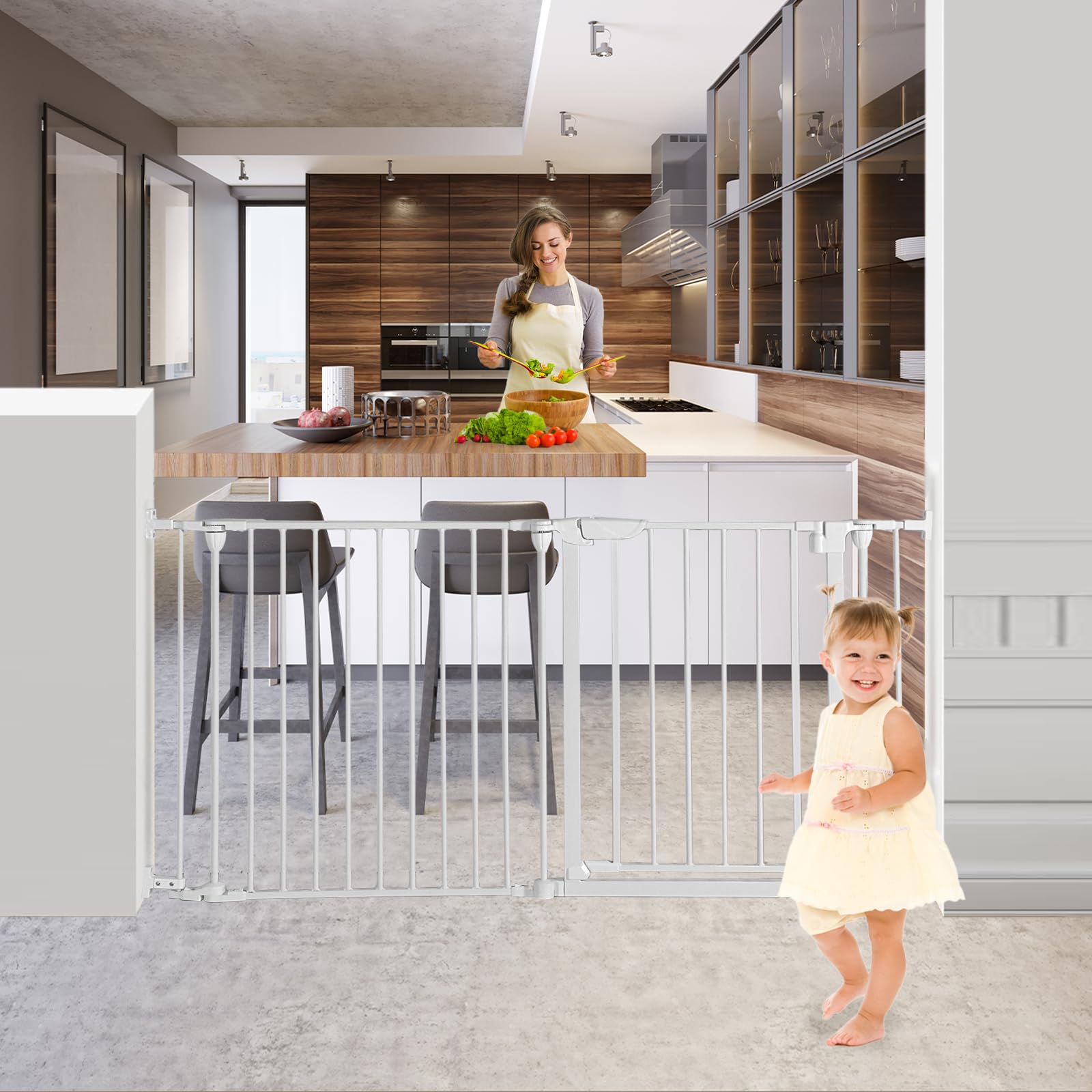 SHYUJAJIE extra-wide baby gate setup showing adjustable panels for versatile room safety.
