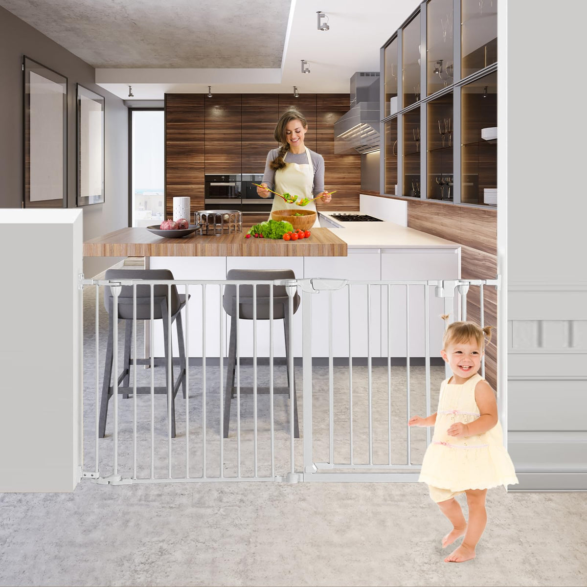 SHYUJAJIE extra-wide baby gate setup showing adjustable panels for versatile room safety.
