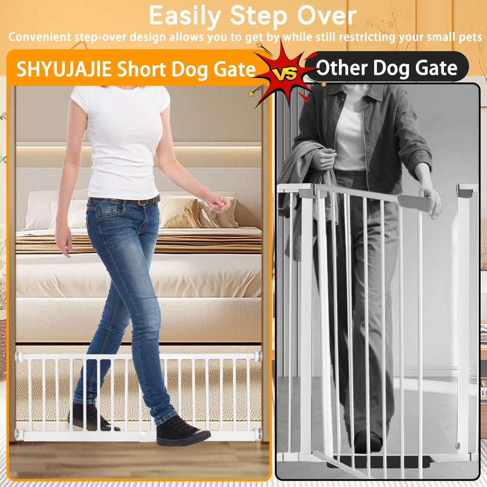SHYUJAJIE dog gate white steel frame provides durable support for daily use.
