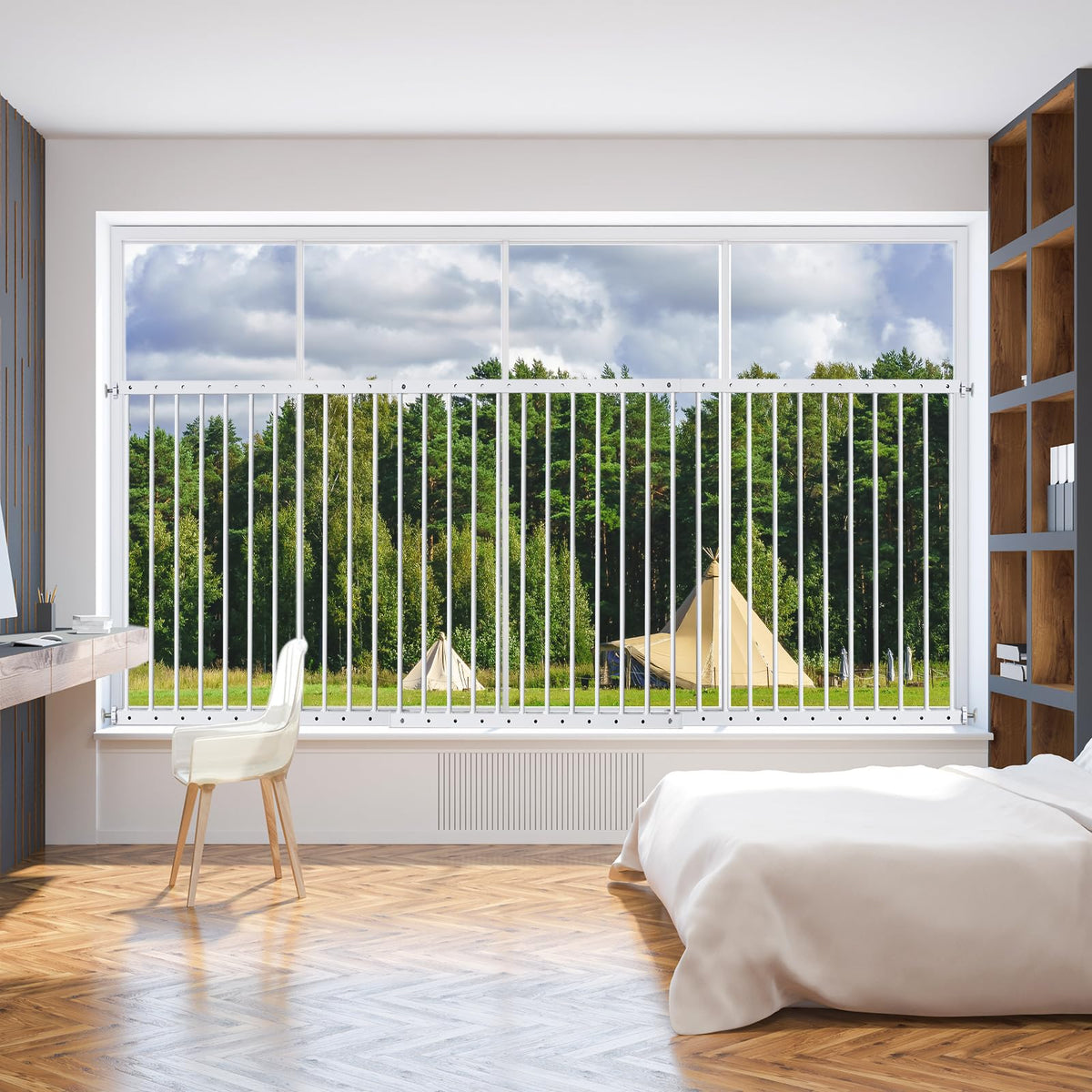 SHYUJAJIE window safety guard front view shows sturdy steel with white finish for kid safety.