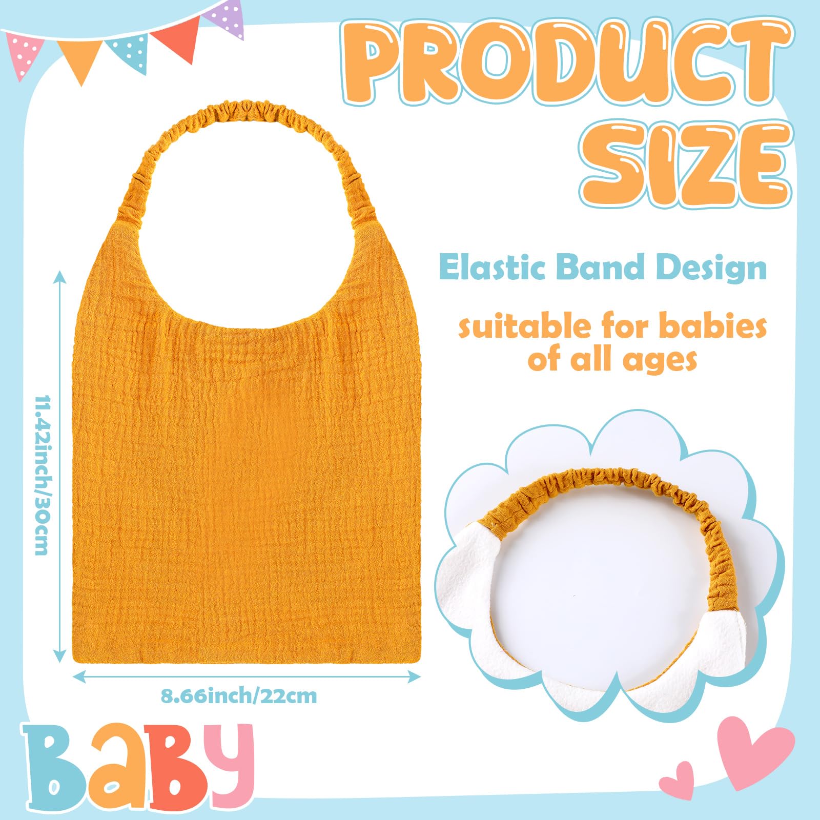 Shyyween muslin bibs light-blue and orange show quick-slip elastic band for active babies