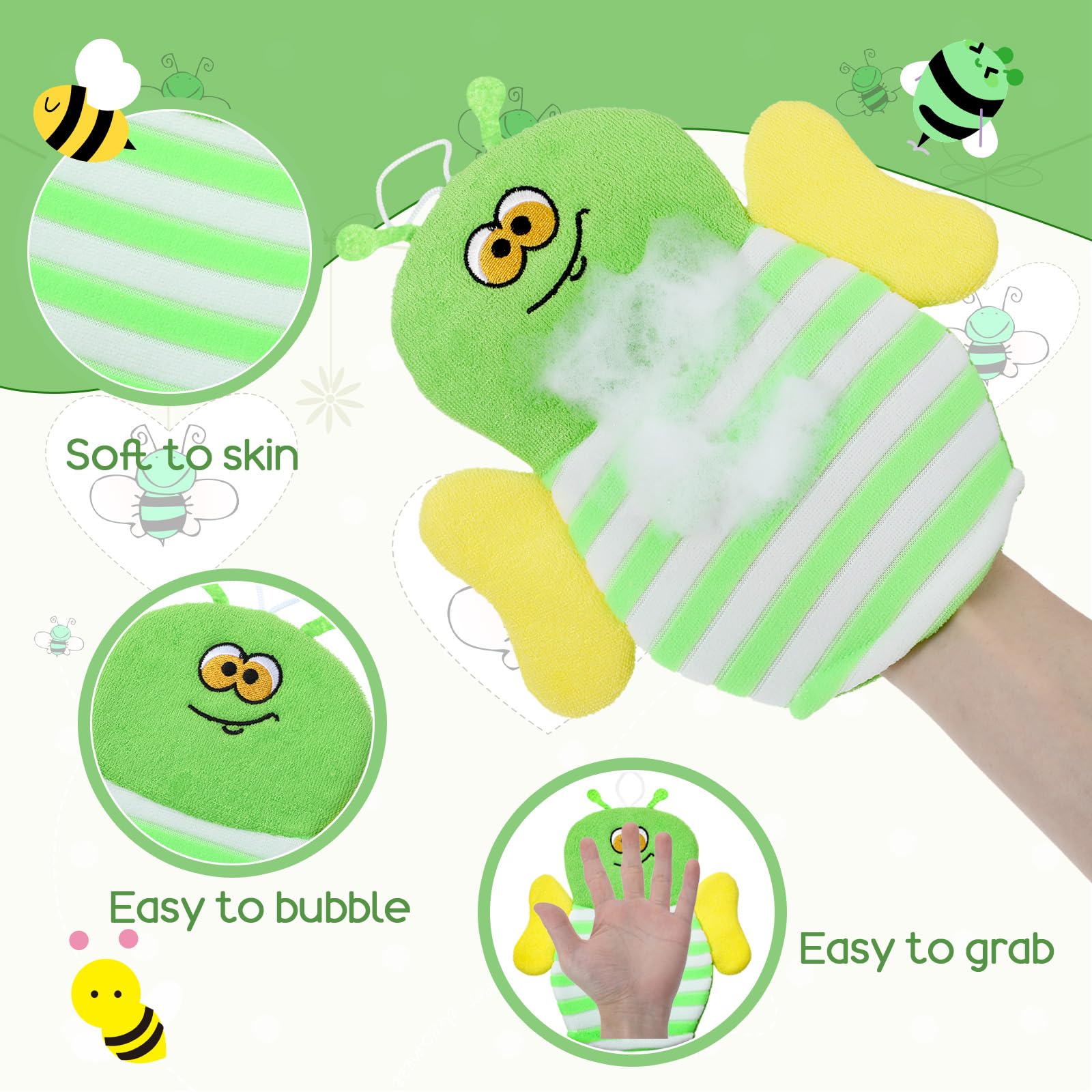 Sibba bath mitt green bee pattern adds tactile fun and soft cleansing.