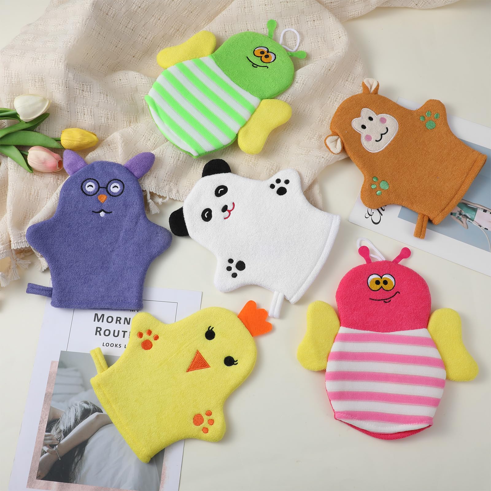 Sibba bath mitt with hanging string aids drying and tidy storage.