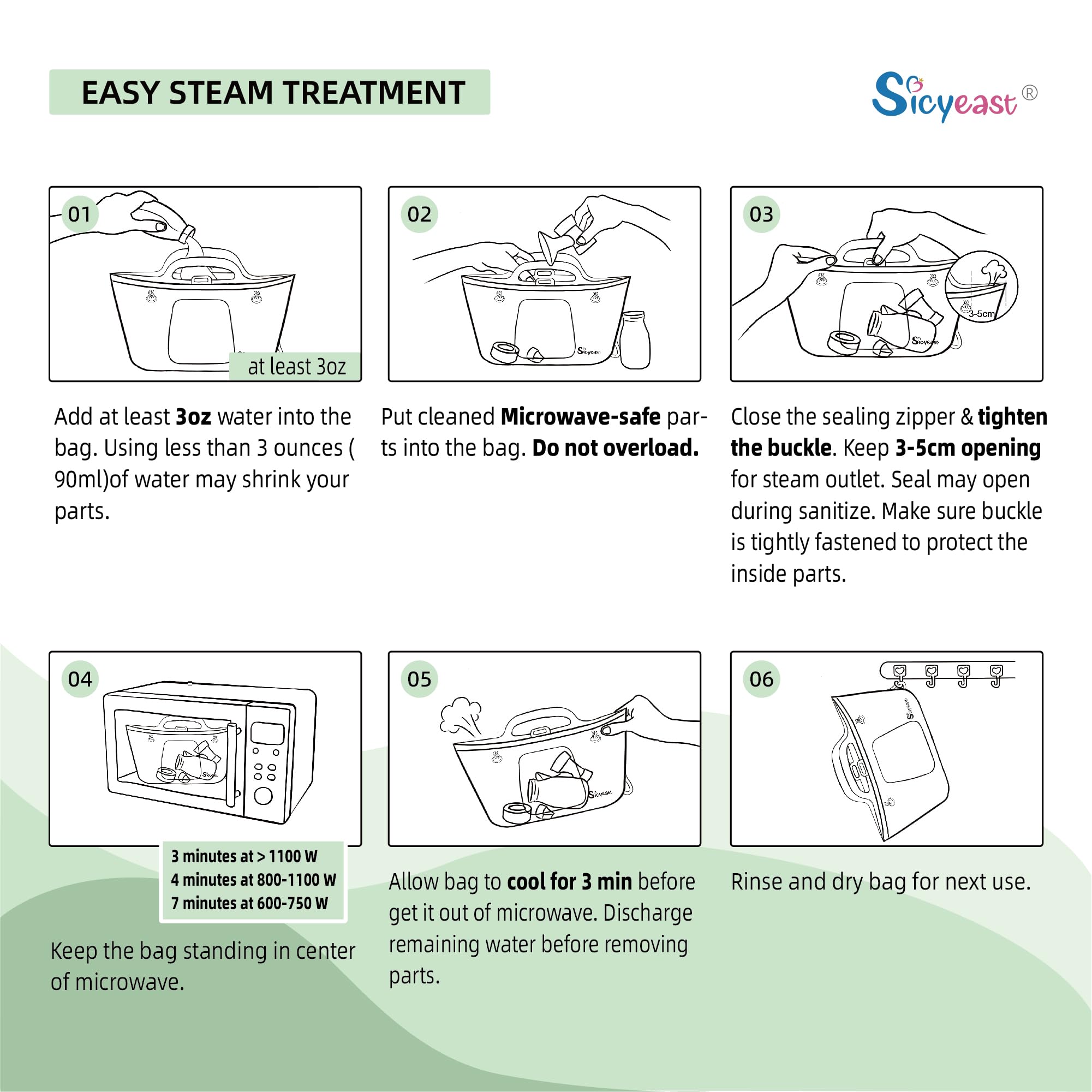 Sicyeast silicone travel sterilizer bag in clear-green color, easy-to-spot contents.