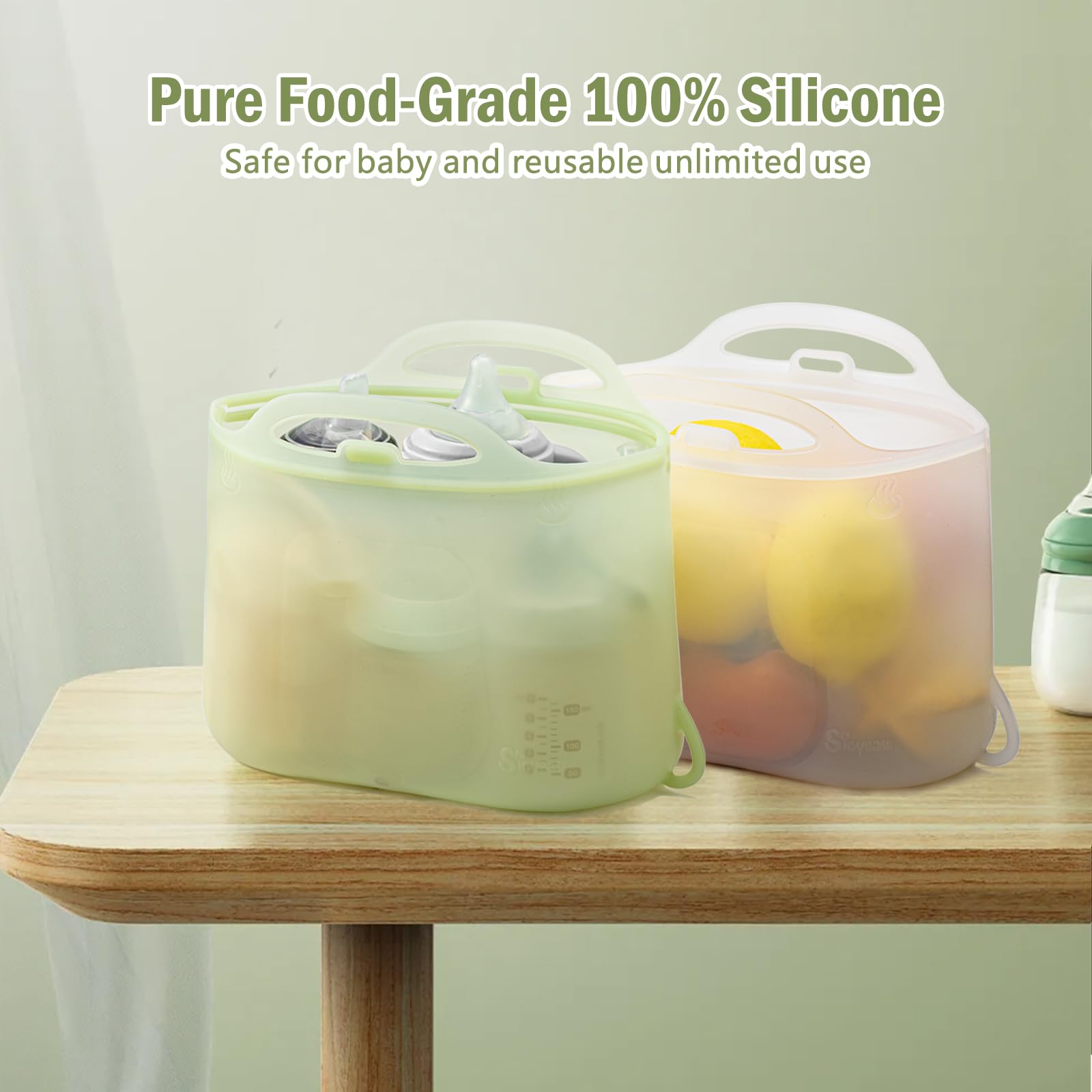 sicyeast silicone travel sterilizer bags demonstrate 2000ml capacity for three bottles.