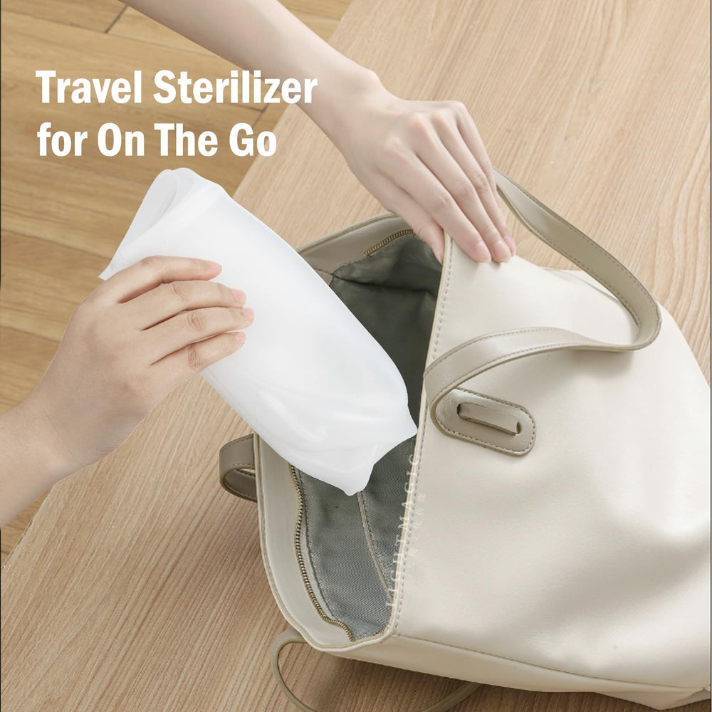 sicyeast silicone travel sterilizer bags illustrate microwave usage in 3–7 minutes.