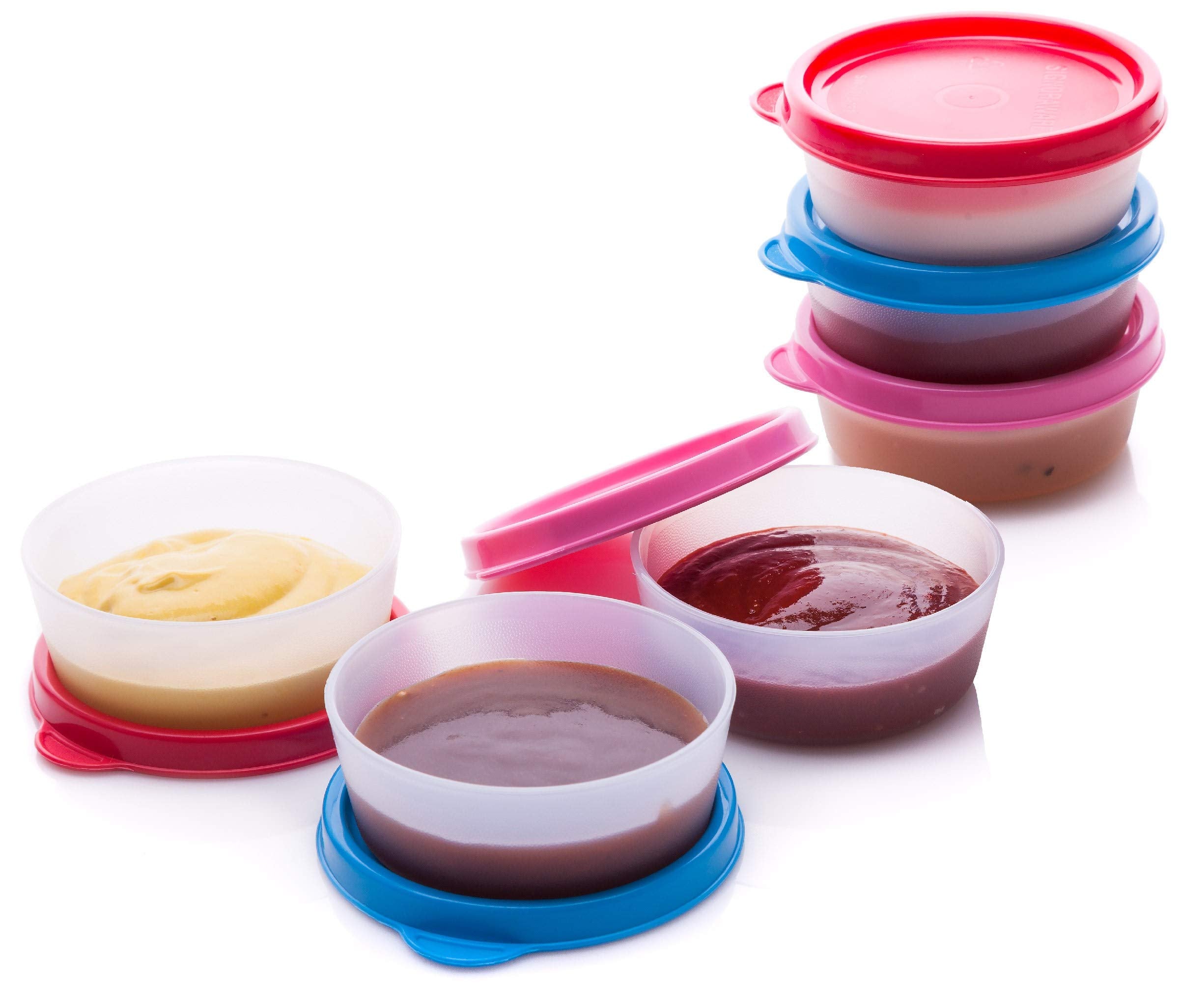 Signora Ware condiment containers 6-pack 2.3 oz with lids simplify lunch organization.